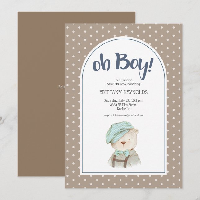 Invitación Oh Boy Tan Polka Dot Teddy Bear Baby Shower (Anverso / Reverso)