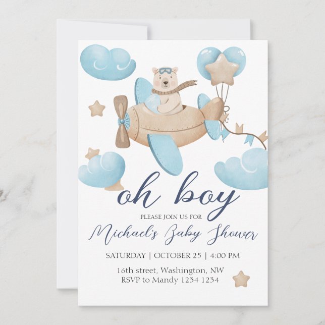 Invitación Oh Boy Teddy Bear Airplane Baby Shower (Anverso)