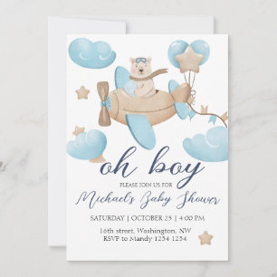 Invitación Oh Boy Teddy Bear Airplane Baby Shower