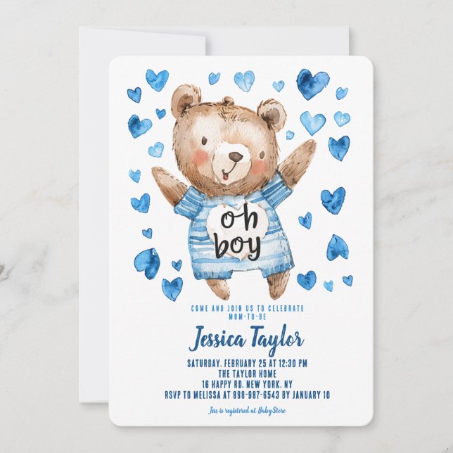 Invitación Oh Boy Teddy Bear Blue Hearts Boy Baby Shower (Anverso)