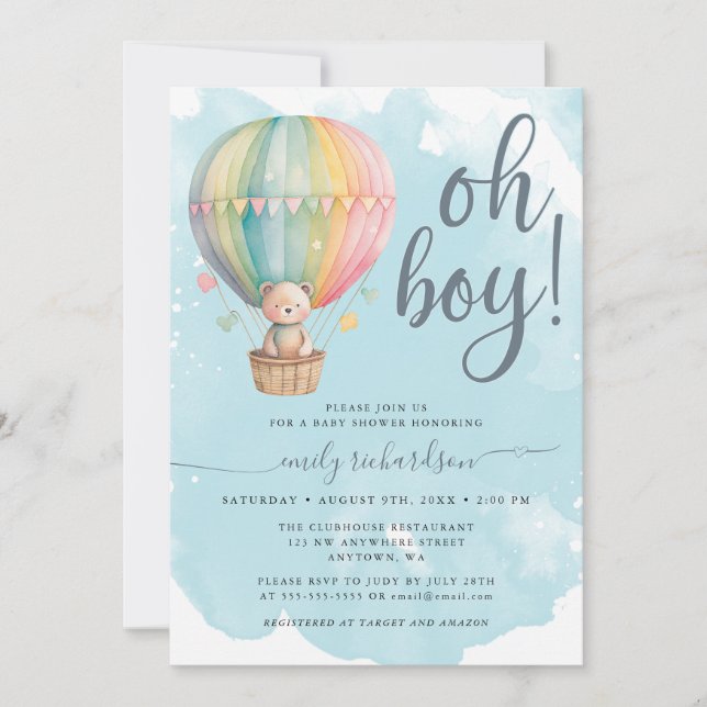 Invitación Oh Boy Teddy Bear Blue Hot Air Balloon Baby Shower (Anverso)