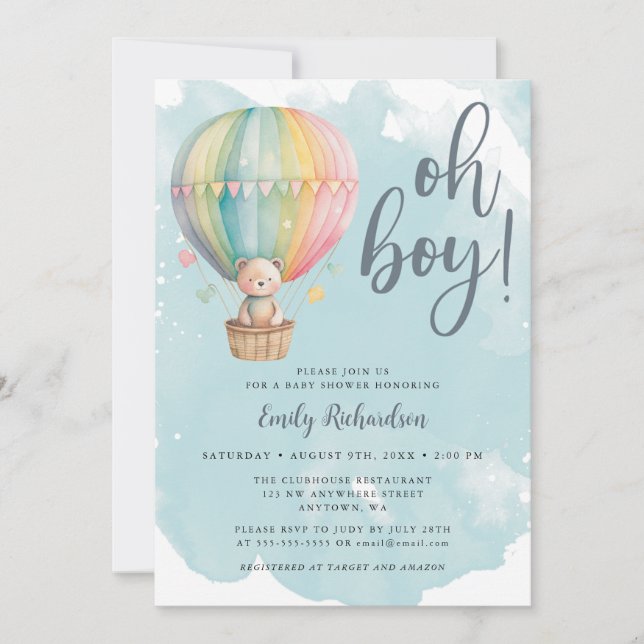 Invitación Oh Boy Teddy Bear Blue Hot Air Balloon Baby Shower (Anverso)