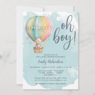 Invitación Oh Boy Teddy Bear Blue Hot Air Balloon Baby Shower