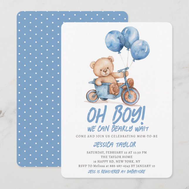 Invitación Oh Boy Teddy Bear Boy Blue Bearly Wait Baby Shower (Anverso / Reverso)