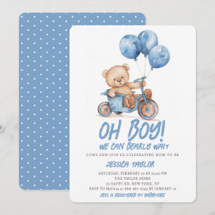 Invitación Oh Boy Teddy Bear Boy Blue Bearly Wait Baby Shower