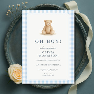 Invitación Oh Boy Teddy Bear Gingham Baby Shower