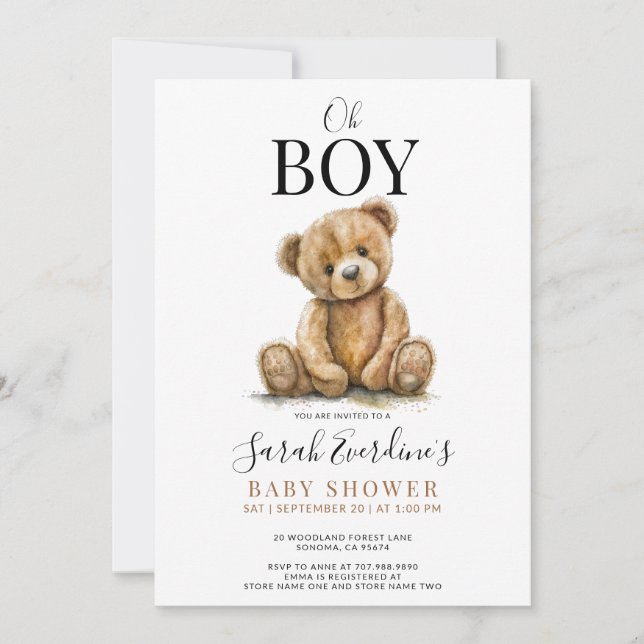 Invitación Oh Boy Teddy Bear Watercolor Baby Shower (Anverso)