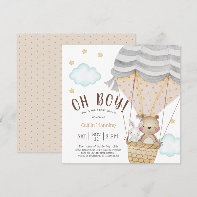 Invitación Oh Boy Teddy Bear Woodland Baby Shower (Anverso / Reverso)