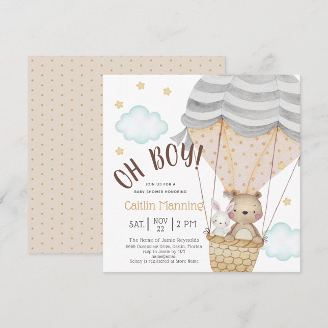 Invitación Oh Boy Teddy Bear Woodland Neutral Baby Shower (Anverso / Reverso)