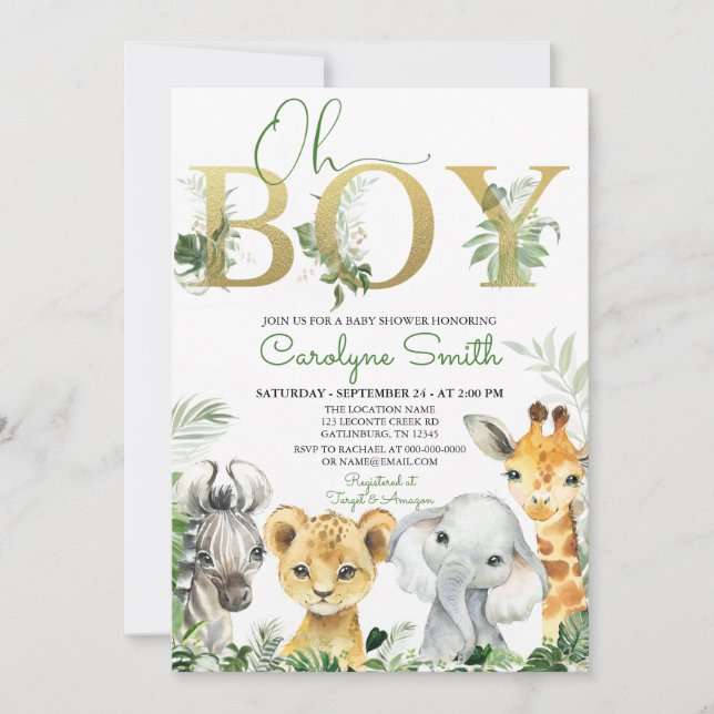 Invitación Oh Boy Tropical Jungle Animals Baby Shower (Anverso)