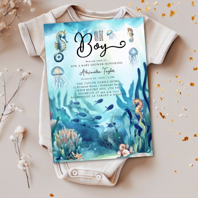 Invitación Oh Boy Under Sea Seahorse Cute Ocean Baby Shower (Subido por el creador)