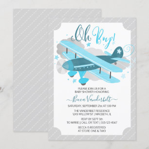 Invitación Oh Boy Vintage Airplane Baby Shower Blue and Grey