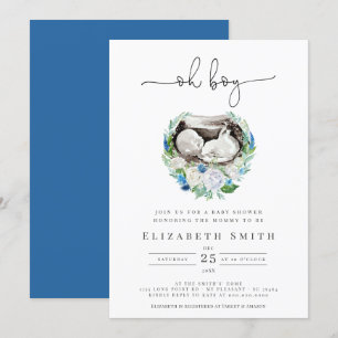 Invitación Oh Boy Watercolor Azul Floral Wreath Baby Shower I
