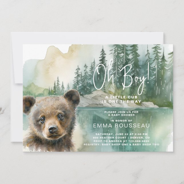 Invitación Oh Boy Watercolor Bear Cub Baby Shower (Anverso)