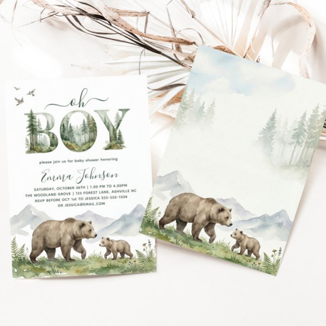Invitación Oh Boy Watercolor Woodland Bear Baby Shower (Oh Boy Watercolor Woodland Bear Baby Shower Invitation)