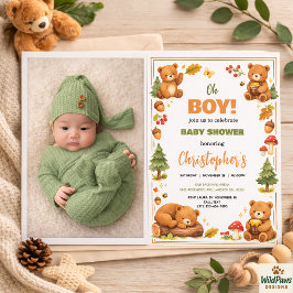 Invitación Oh Boy Watercolor Woodland Bear Baby Shower