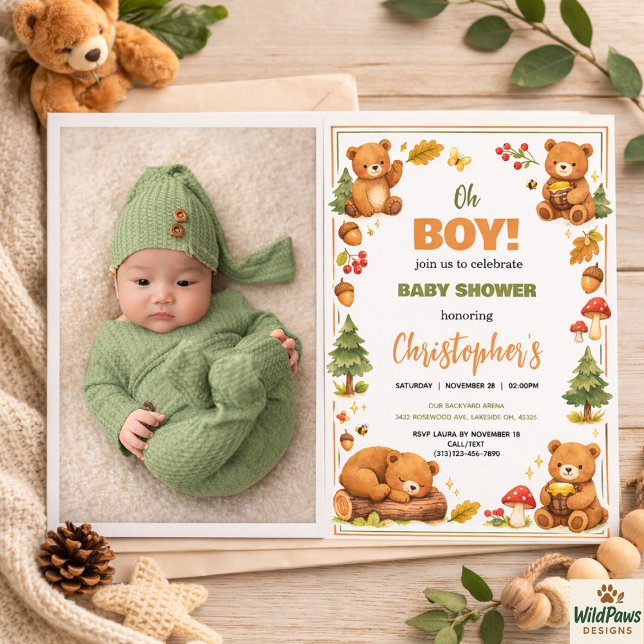 Invitación Oh Boy Watercolor Woodland Bear Baby Shower (Oh Boy Watercolor Woodland Bear Baby Shower Invitation)