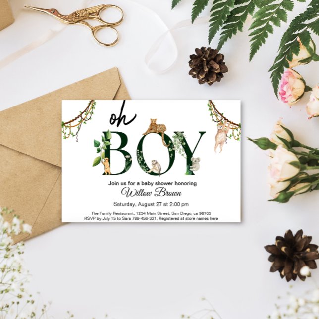 Invitación Oh Boy Wild Safari Animal Jungle Boy Baby Shower (Oh Boy Wild Safari Animal Baby shower Invitation card mockup)