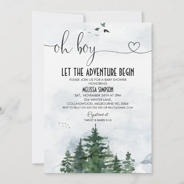 Invitación Oh Boy Wilderness Heart Calligraphy Baby Shower (Anverso)