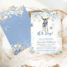 Invitación Oh Boy Winter Blue Floral & Deer Baby Shower