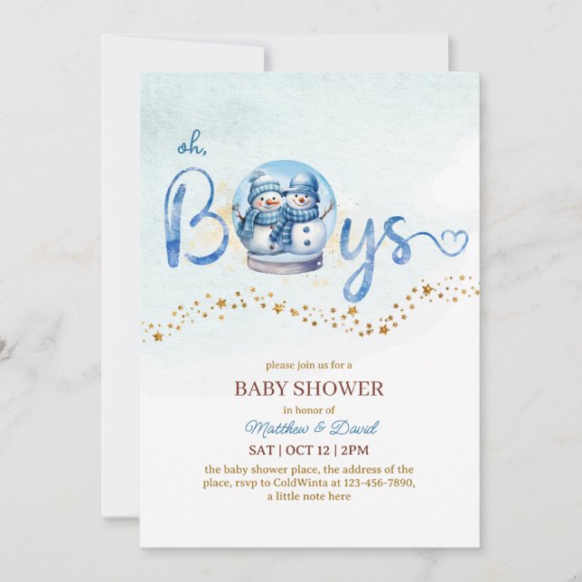 Invitación Oh Boy Winter Theme Twin Baby Shower (Anverso)