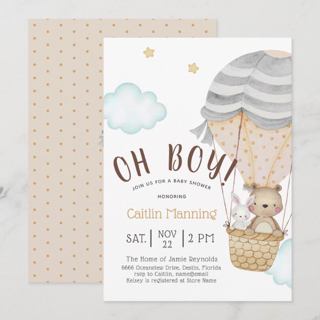 Invitación Oh Boy Woodland Teddy Bear Baby Shower (Anverso / Reverso)