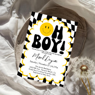 Invitación Oh Boy! Yellow Checkered Happy Face Baby Shower