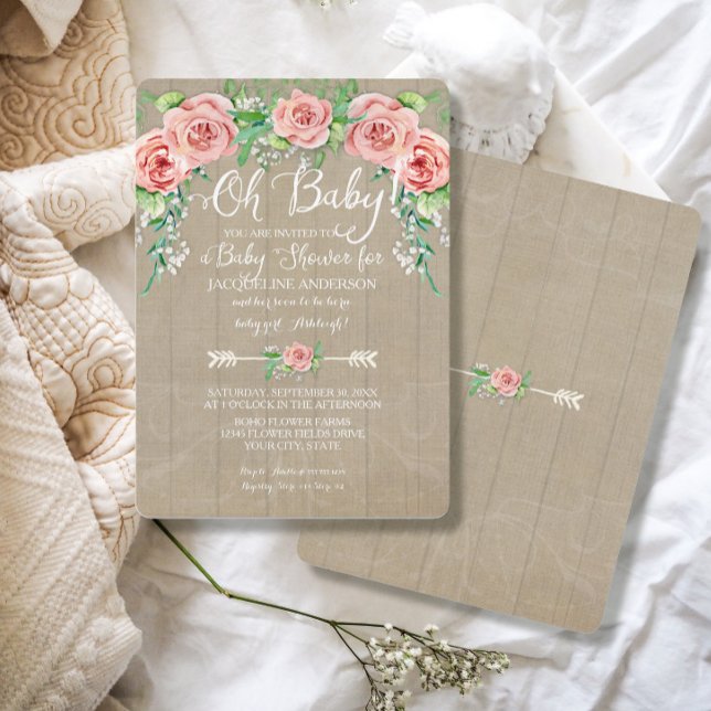 Invitación Oh Chica Baby Shower Flor Crown Barn Wood Boards (Subido por el creador)