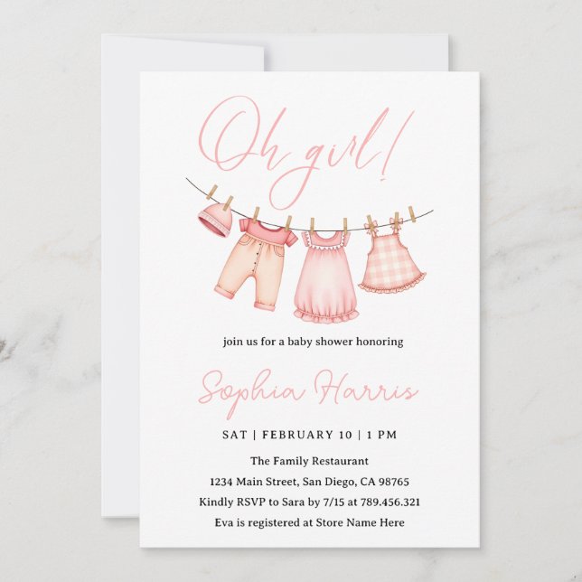 Invitación Oh chica Baby Shower rosa (Anverso)