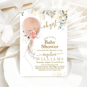 Invitación Oh Chica Balón Rosa Floral Eucalyptus Baby Shower
