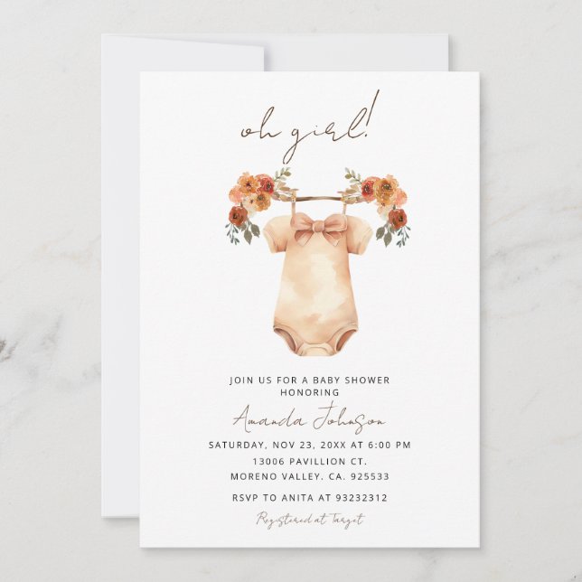 Invitación Oh Chica boho ropa de bebé Ducha de bebé Invitació (Anverso)