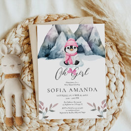 Invitación Oh Chica Pink Penguins Winter Baby Shower
