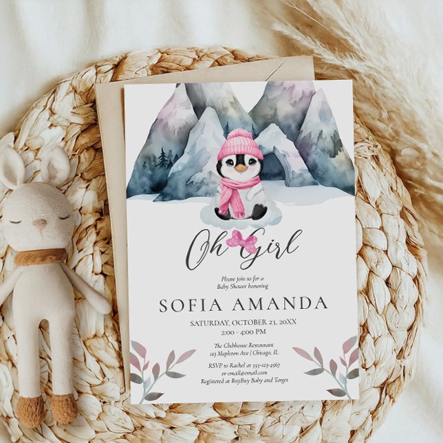 Invitación Oh Chica Pink Penguins Winter Baby Shower (Subido por el creador)