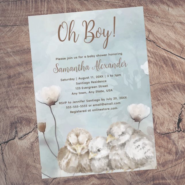 Invitación ¡Oh, chico! (Oh Boy! Blue boho watercolor duck parents with baby duck.  Baby  shower invitation.  Whimsical.)