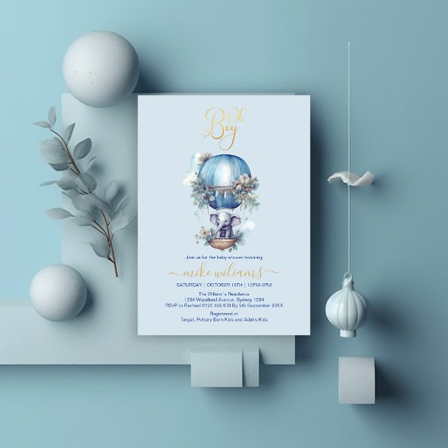 Invitación Oh chico azul acuarela elefante ducha bebé (Subido por el creador)
