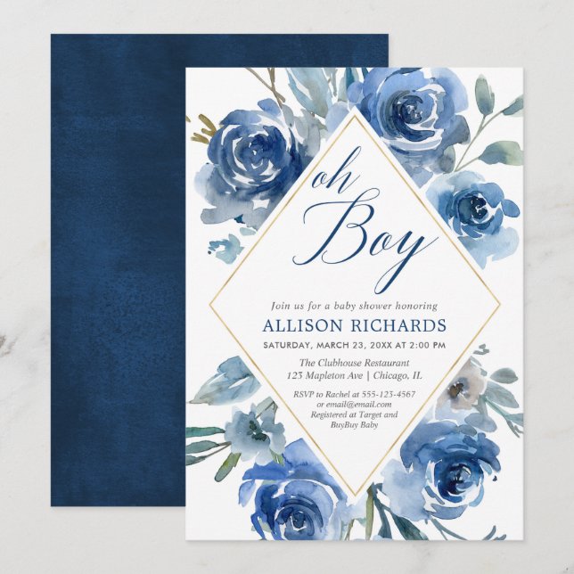 Invitación Oh chico azul marino elegante niño floral ducha be (Anverso / Reverso)