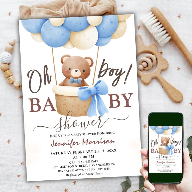 Invitación Oh, chico | Baby Shower Blue Balloon Cute Teddy Be (Subido por el creador)