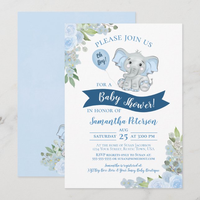 Invitación ¡Oh, chico! Baby Shower Cute Elephant Blue Floral (Anverso / Reverso)