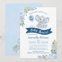 Invitación ¡Oh, chico! Baby Shower Cute Elephant Blue Floral