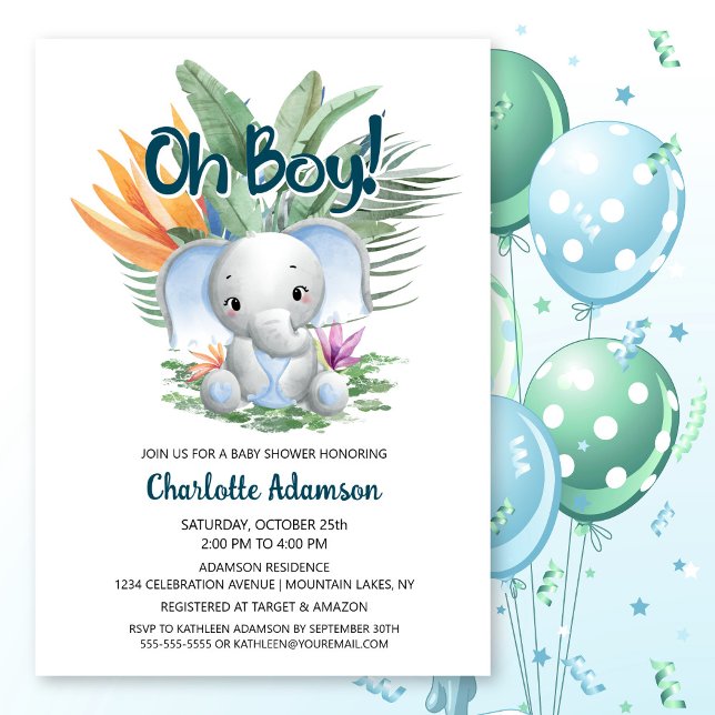 Invitación ¡Oh, chico! Baby Shower Tropical Baby Elephant (Subido por el creador)