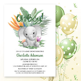 Invitación ¡Oh, chico! Baby Shower Tropical Gray Baby Elephan