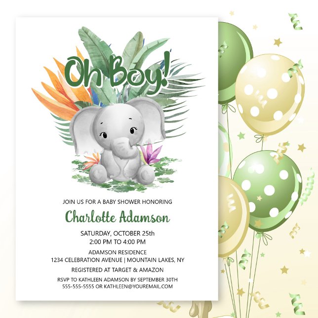 Invitación ¡Oh, chico! Baby Shower Tropical Gray Baby Elephan (Subido por el creador)