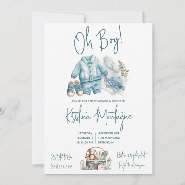 Invitación ¡Oh, chico! Blue Baby Layette Baby Shower (Anverso)