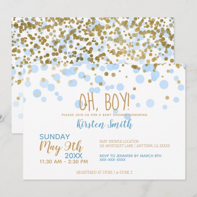 Invitación ¡Oh chico! Blue & Gold Confetti Boy Baby Shower (Anverso / Reverso)