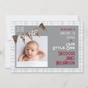 Invitación ¡Oh, chico! Bunting ilustrado a mano y cuadros azu
