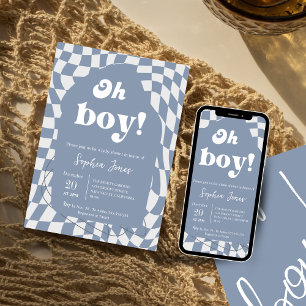 Invitación ¡Oh, chico! Control azul   Gingham   ducha de bebé