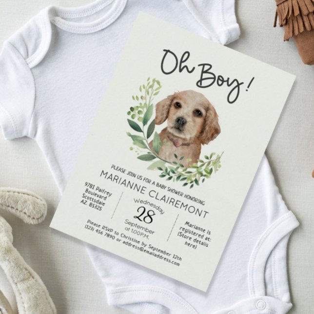 Invitación ¡Oh, chico! Cuidada acuarela Puppy Dog Baby Shower (Cute Watercolor Rustic Boy Baby Shower Invitation)