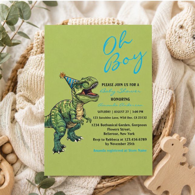 Invitación ¡Oh Chico! Cumple de Bebé con Tema de Dinosaurio (Oh Boy! Cute Dinosaur Baby Shower Invitation)