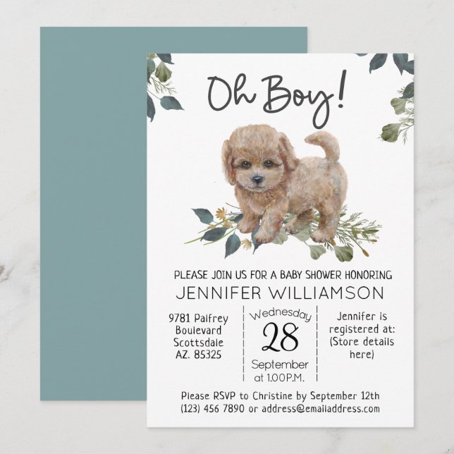 Invitación ¡Oh, chico! Dog Baby Shower Labradoodle (Anverso / Reverso)