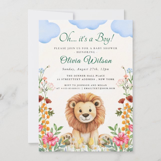 Invitación “¡Oh Chico!” Ducha de Bebé del León Verde (Anverso)